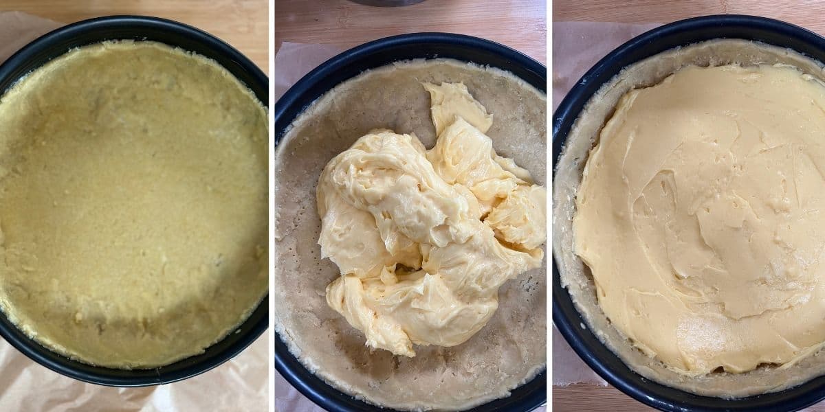 step by step instructions on how to assemble German Apple Cake with custard