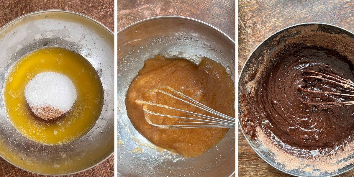 step-by-step pictures on how to make brownie batter for fudgy biscoff brownie recipe.