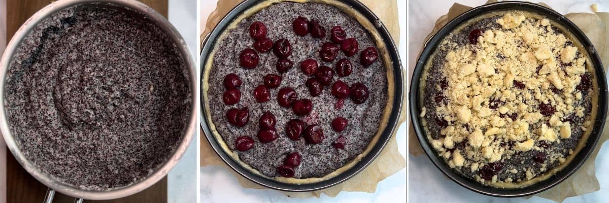 step by step pictures on how to make and assemble german poppyseed cake with cherries and streusel topping