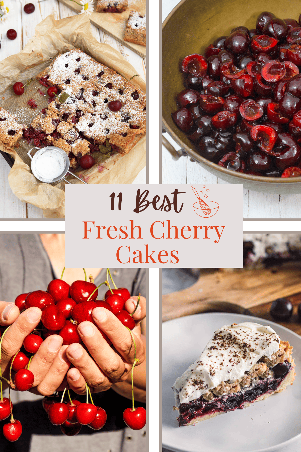 picture collage of cherries being pickes and pitted for baking fresh cherry cake.