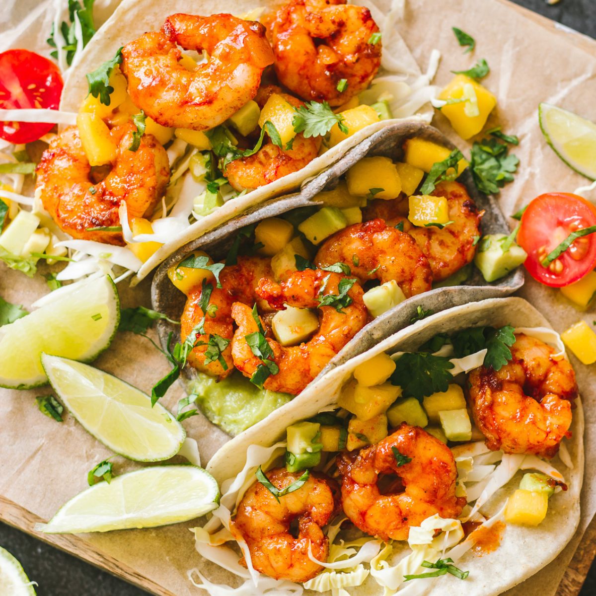 Drei Garnelen Tacos mit Mango Avocado Salsa auf einem Stück Backpapier