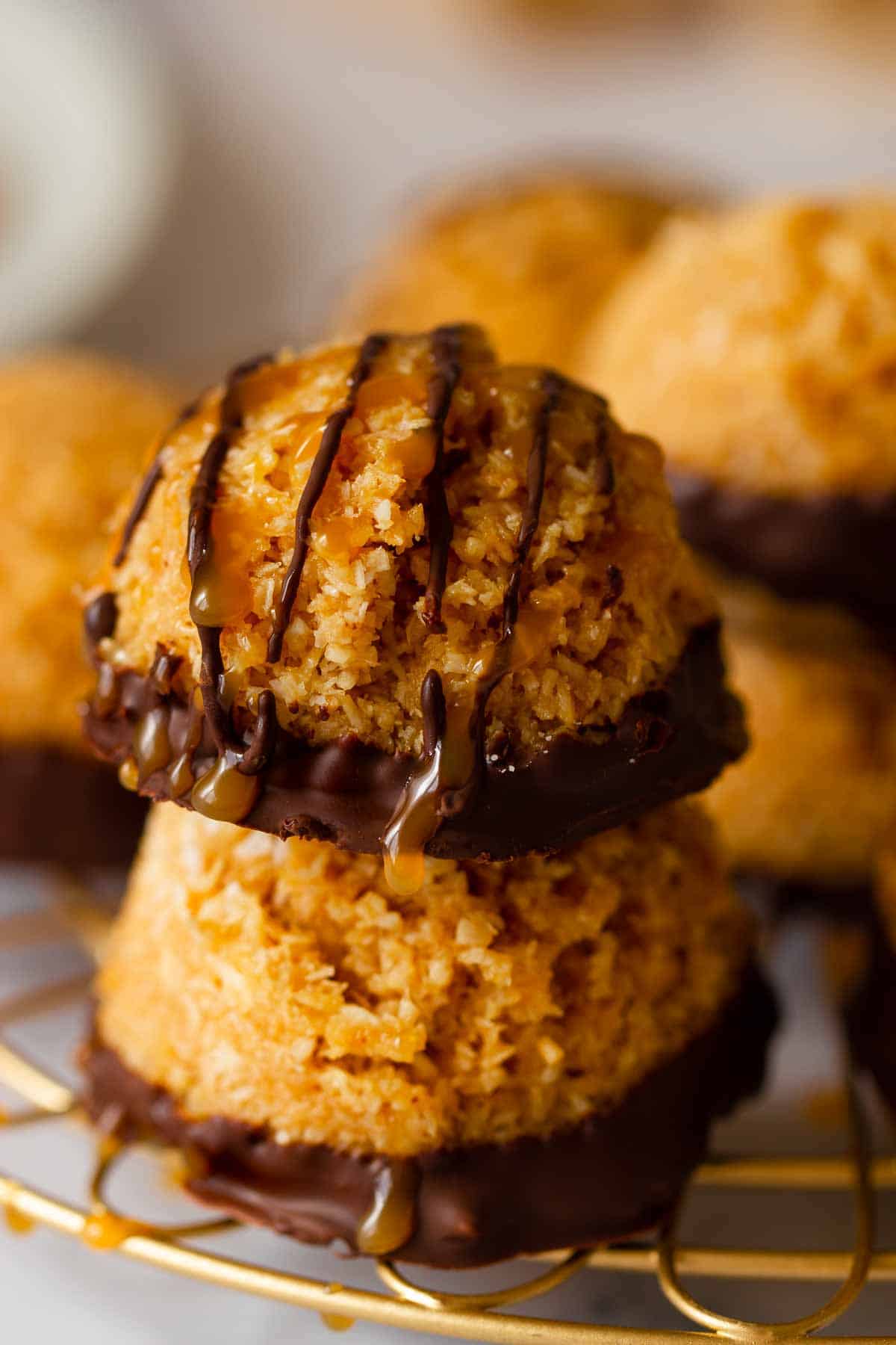 close-up of two dulce de leche caramel coconut macaroons 