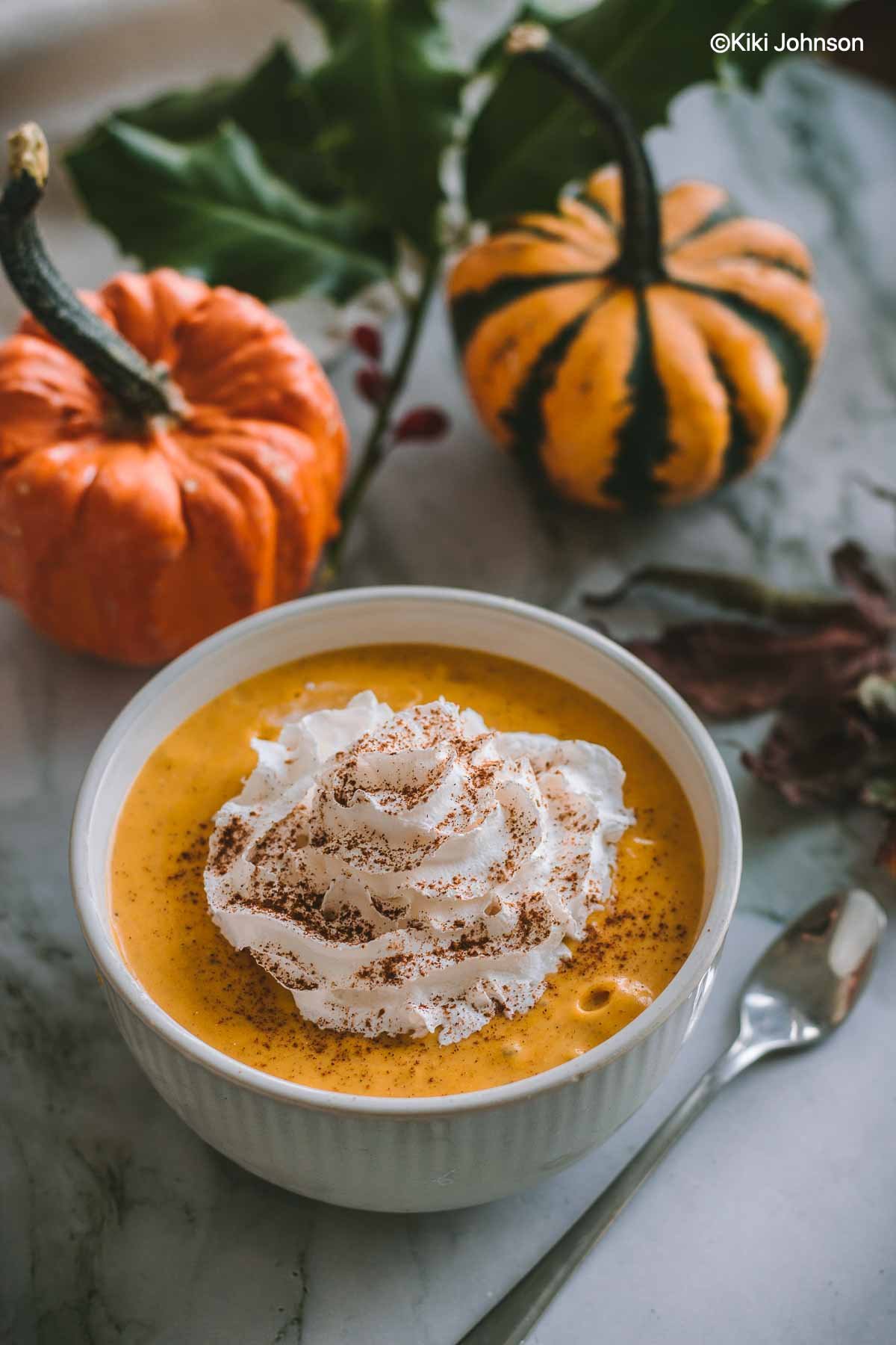 a bowl with vegan pumpkin mousse topped with coconut whip and cinnamon