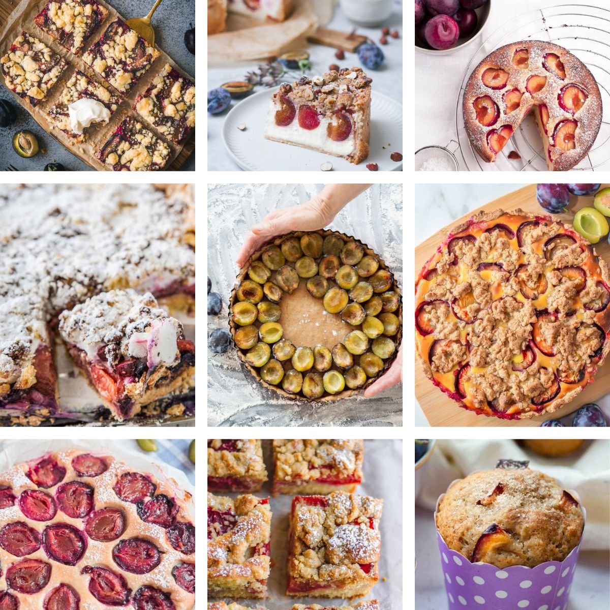 Kollage mit den besten Zwetschgenkuchen mit Streuseln, Rührteig, Hefeteig oder ohne Hefe – von Blechkuchen bis Muffins.