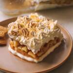 ein Stück Bratapfel Tiramisu auf einem braunen Dessert Teller