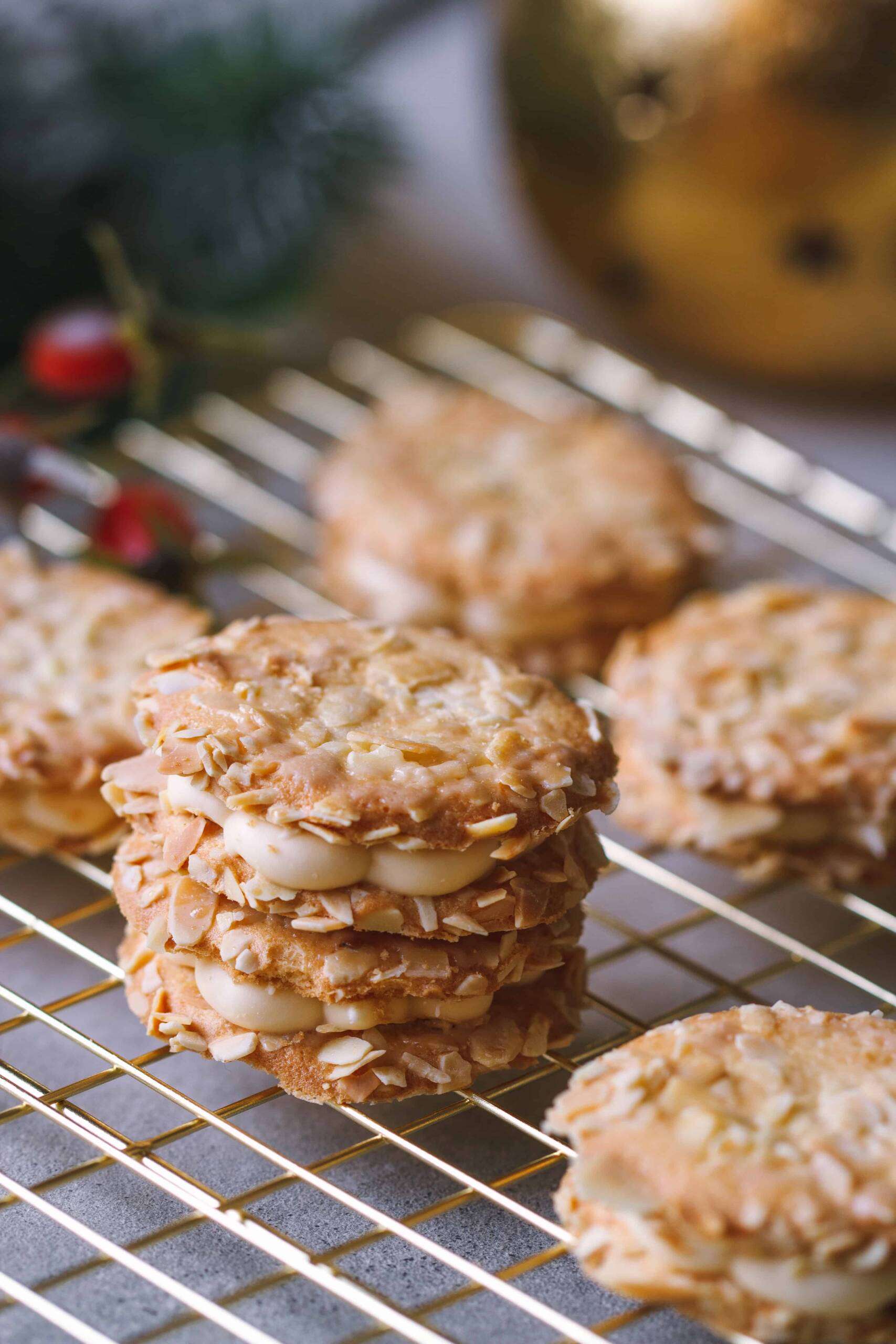 zwei gestapelte Bienenstich Plätzchen auf einem goldenen Gitter mit Hagebutten im Hintergrund