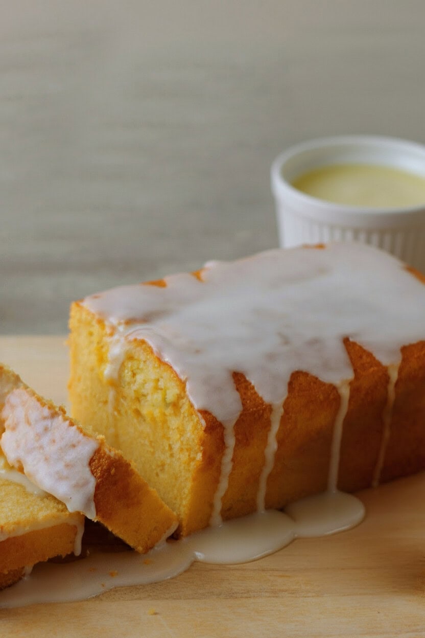 angeschnittener Zitronenkuchen aus der Kastenform auf einem Holzbrett