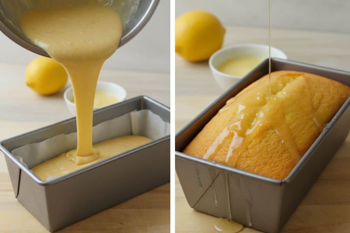 Bildergallerie die zeigt wie Zitronenkuchenteig in eine Kastenform gegossen wird und der frisch gebackene Kuchen mit Zitronenguss bedeckt wird