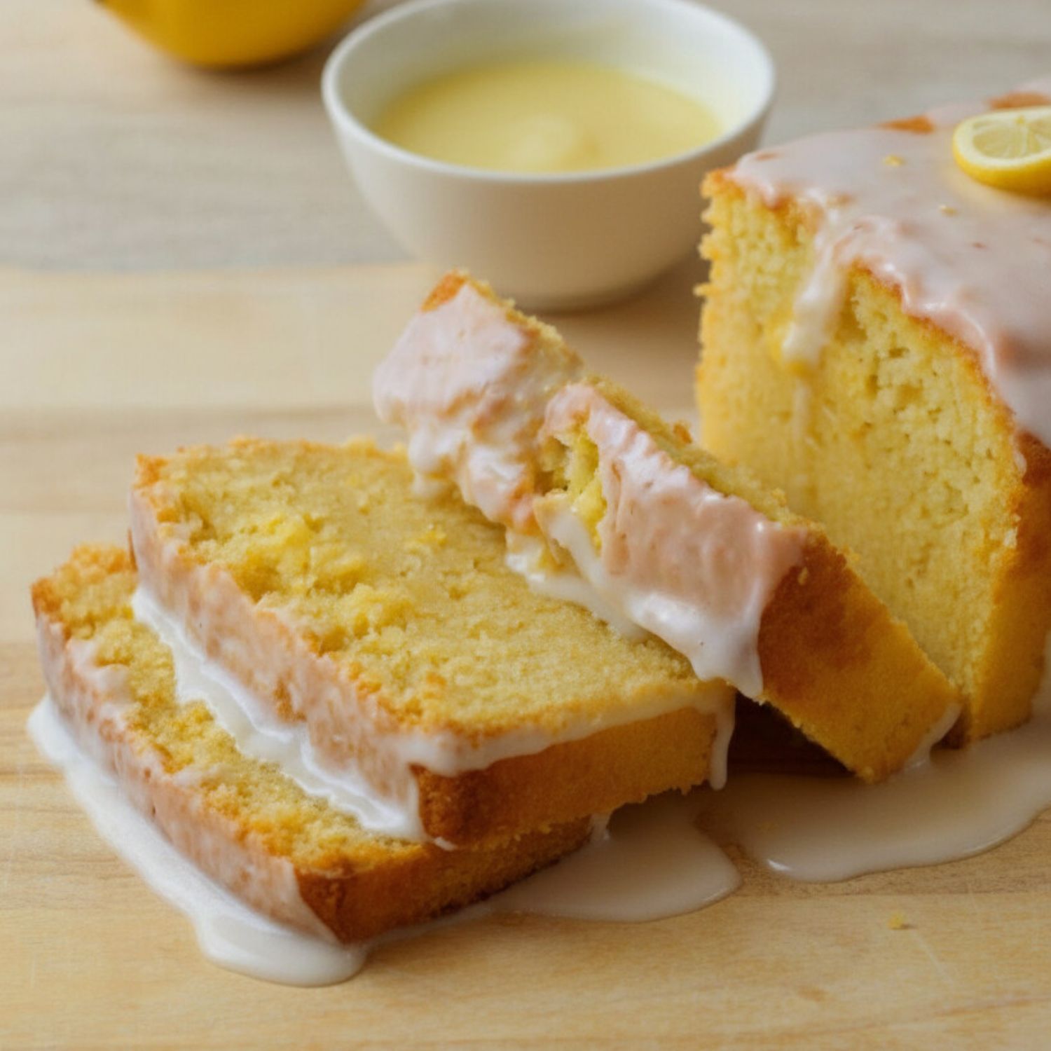 angeschnittener Zitronenkuchen aus der Kastenform mit Zitronenguss