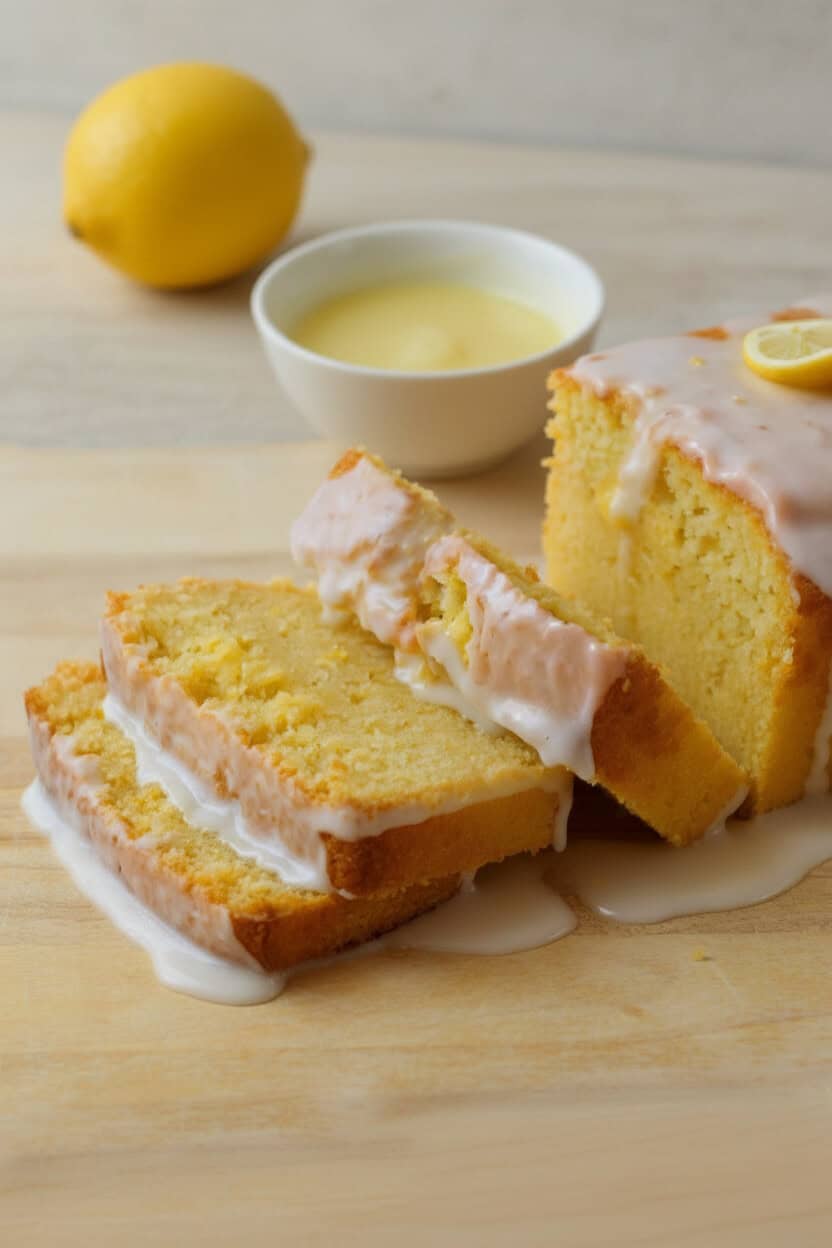 ein angeschnittener Zitronenkuchen aus der Kastenform mit Zuckerguss auf einem Holztisch