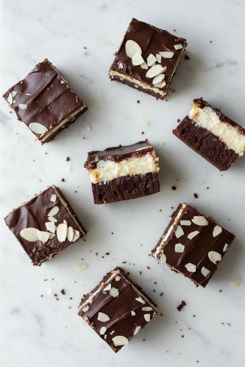 fudge bounty brownies with coconut filling and ganache topping on a marble countertop