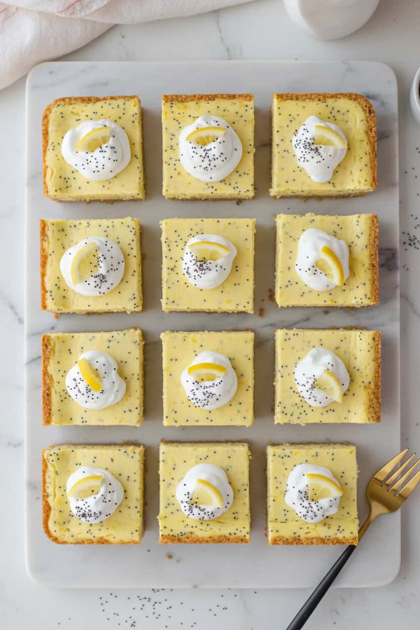 lemon poppyseed cheesecake bars on a marble countertop decorated with whipped cream and poppy seeds