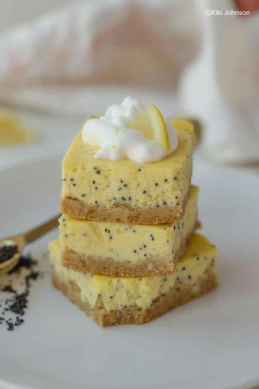 three stacked slices of baked lemon poppyseed cheesecake bars on a white table