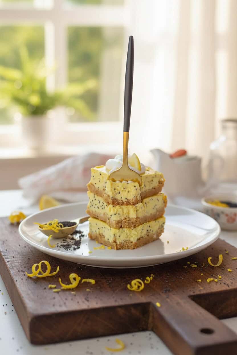 lemon poppyseed cheesecake bars on a plate with a fork sticking in
