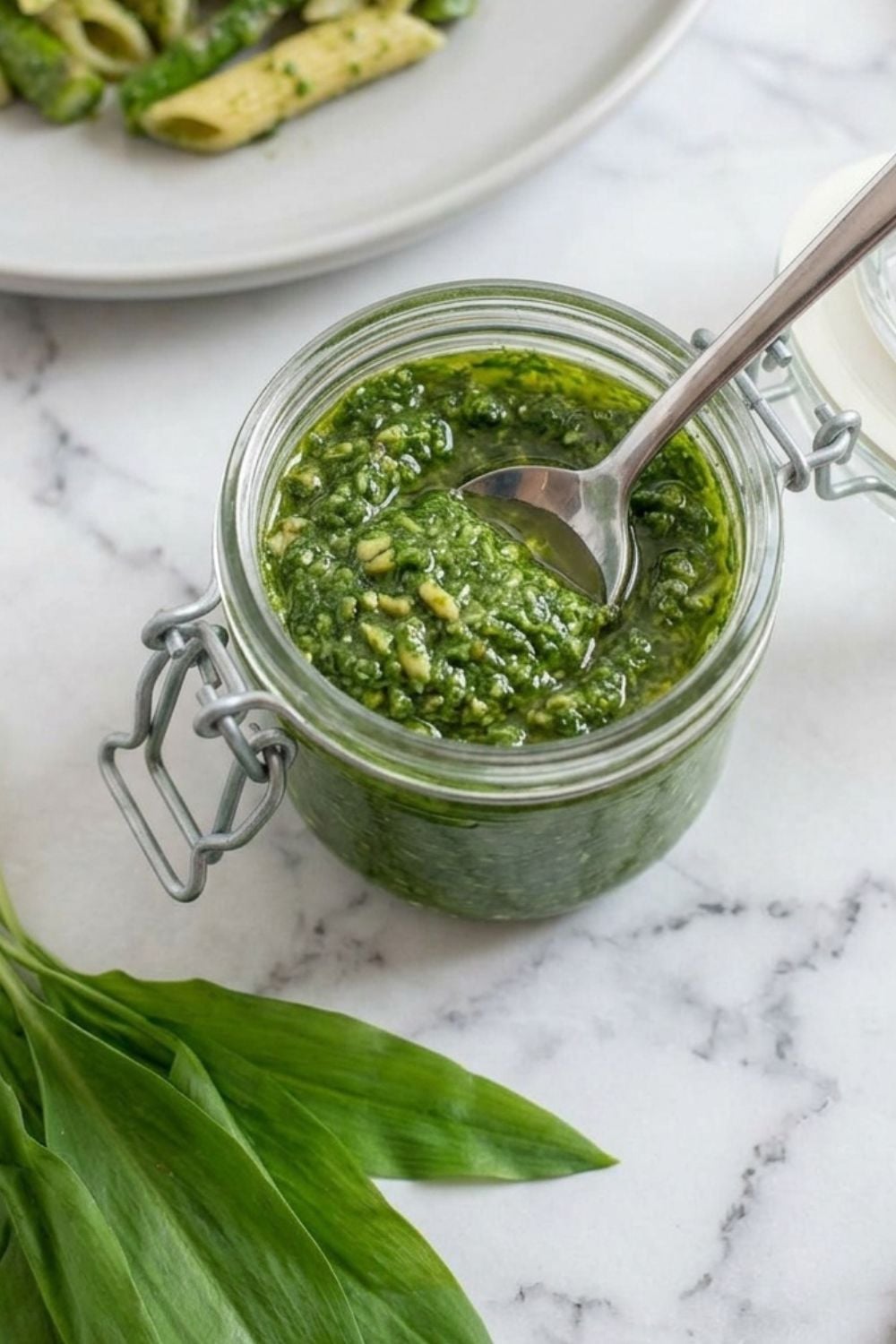 ein Glas Bärlauch Pesto von oben mit frischem Bärlauch an der Seite und einem Teller Pasta mit Spargel und Bärlauch Pesto im Hintergrund