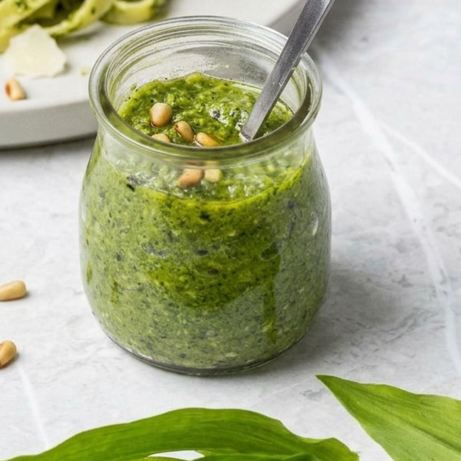 ein Glas Bärlauch Pesto auf Marmor Untergrund