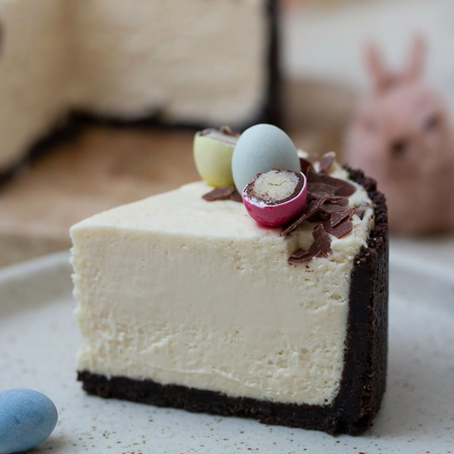 ein Sück Haselnuss Cheesecake mit oreo boden auf einem weissen Dessert Teller