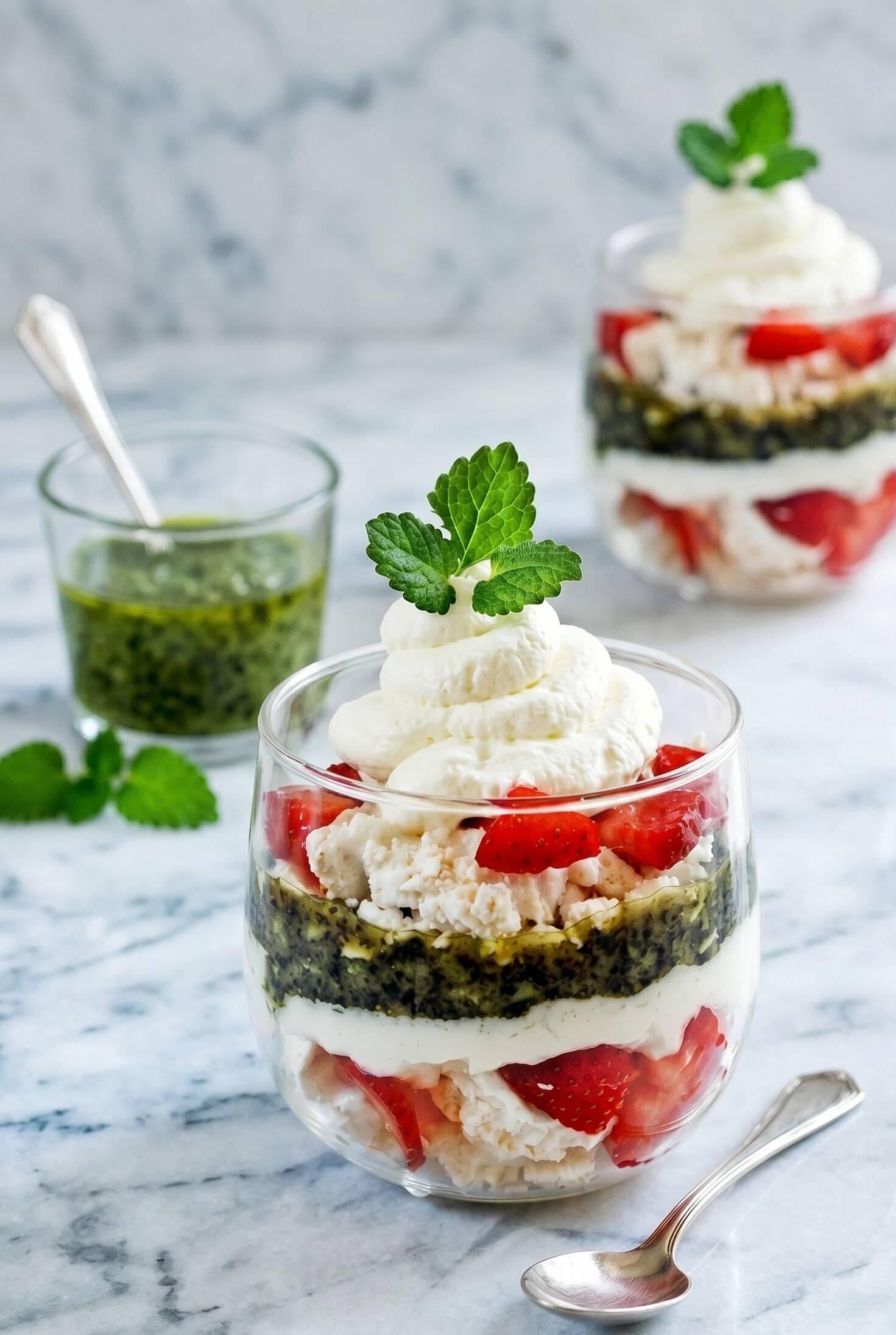 2 Gläser mit Erdbeer Baiser Dessert im glas geschichtet mit Zitronenmelisse Pesto und gewürfelten Erdbeeren