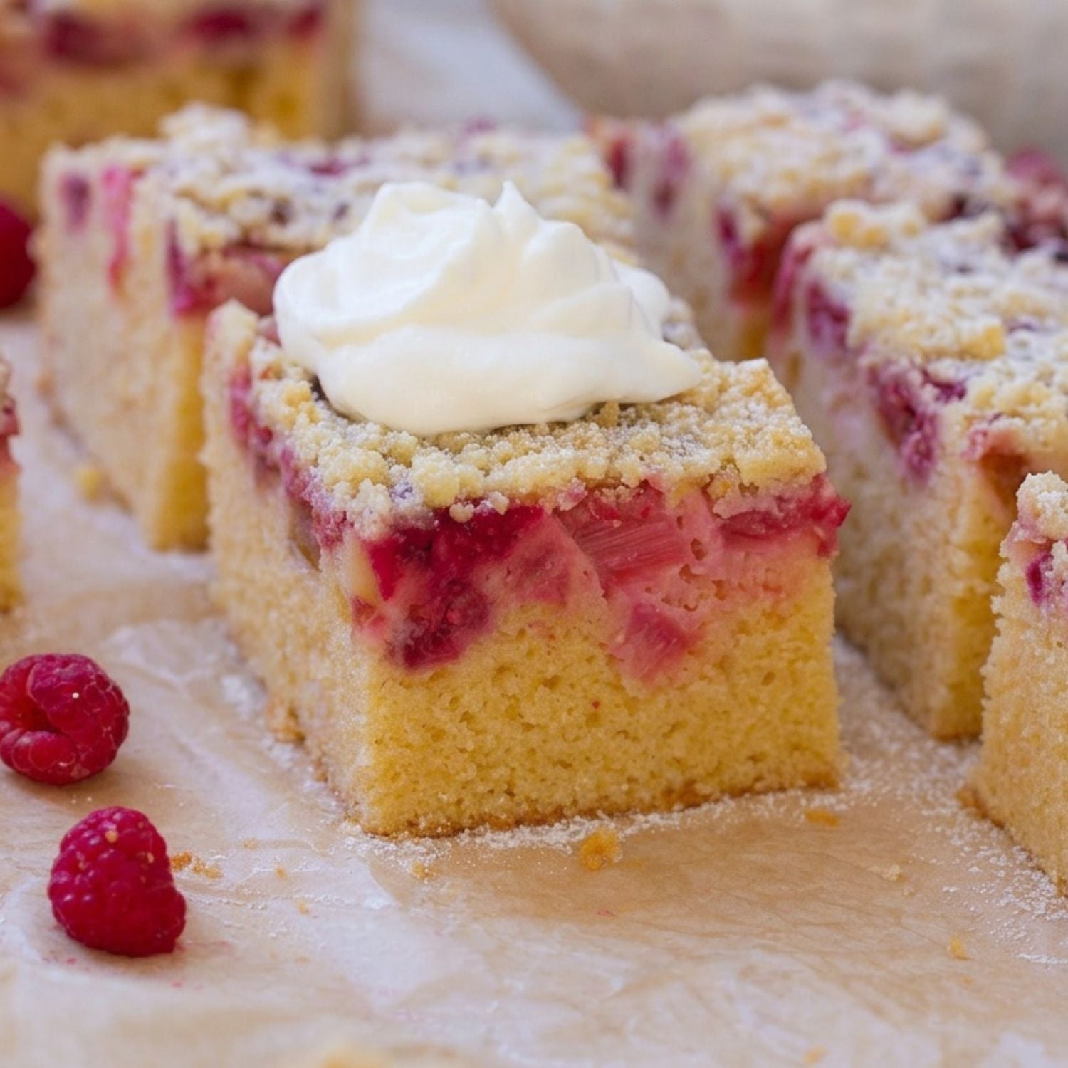 ein Stück Himbeer Rhabarber Kuchen vom Blech mit Streuseln