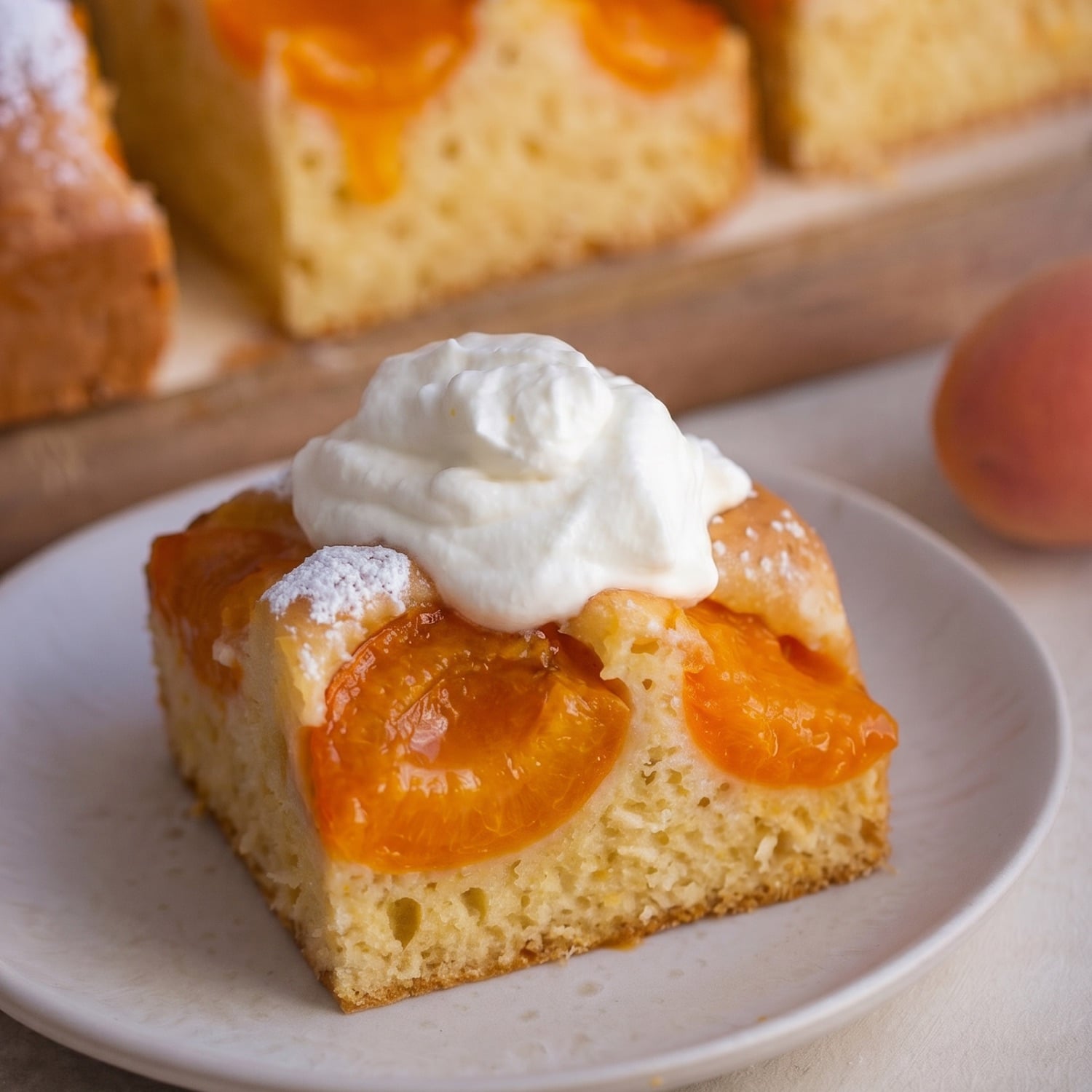 a slice of austrian apricot cake served with whipped cream