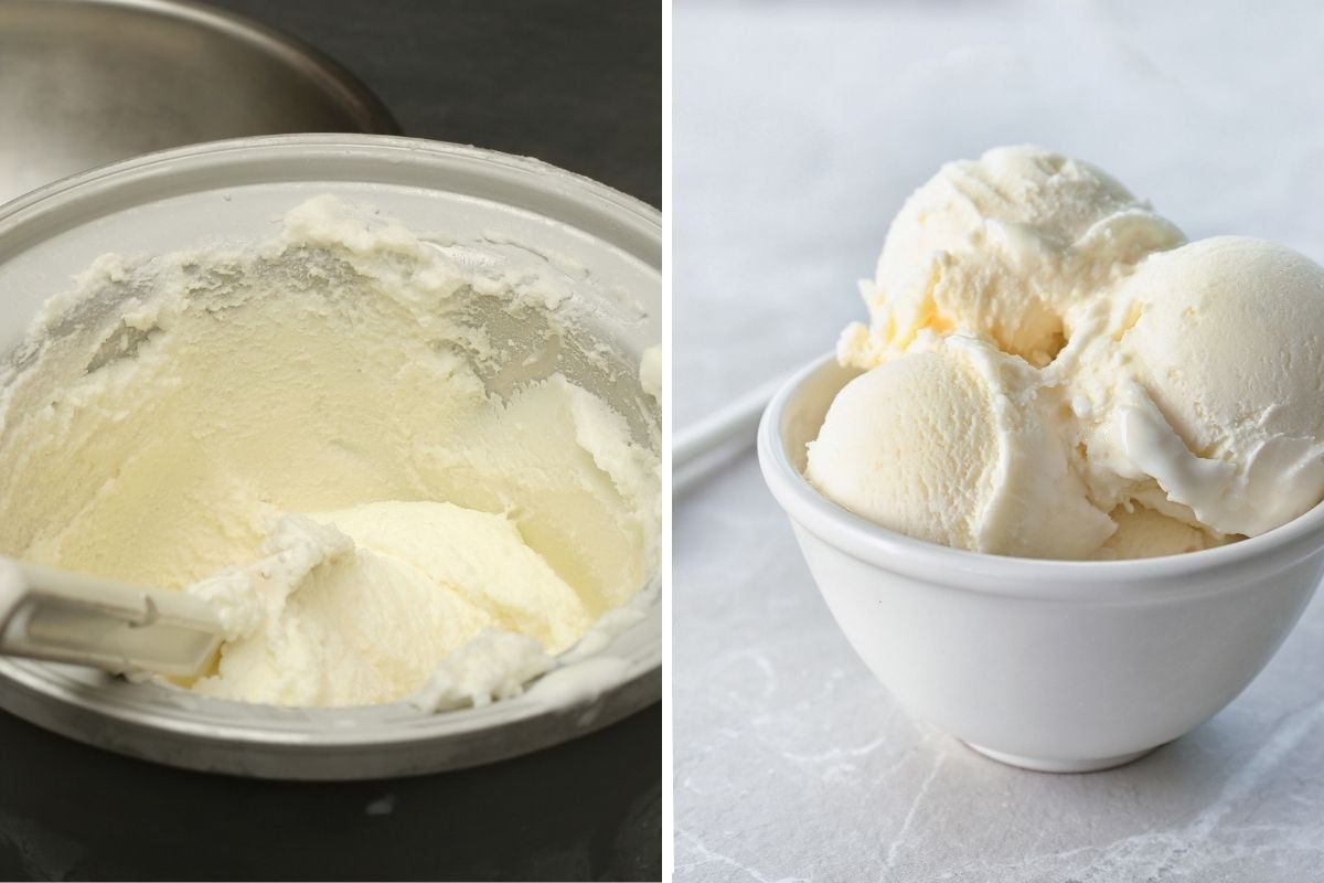 sahne eis in einer eis maschine und drei kugeln sahneeis in einem weissen schälchen