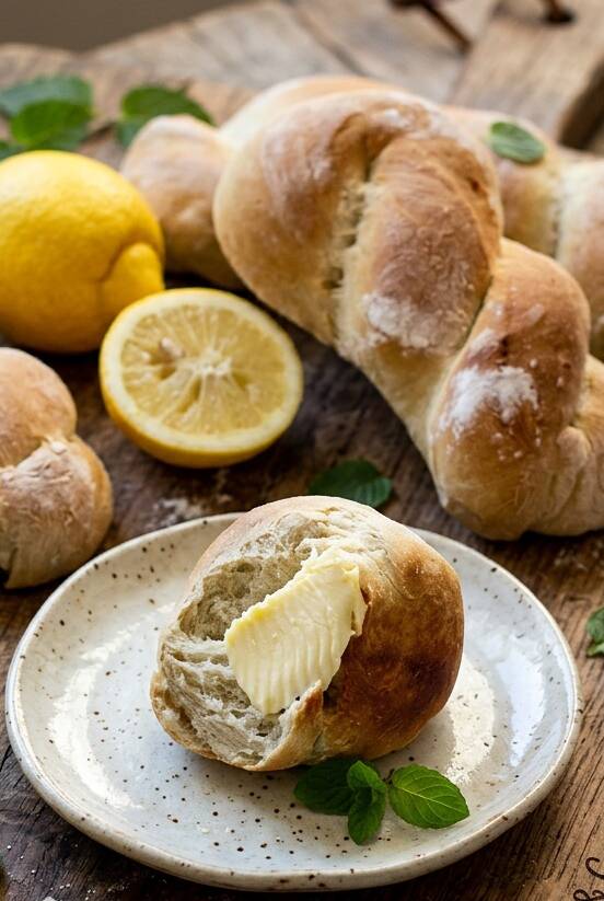 ein halbiertes Minz Brötchen mit einem Klecks Butter 