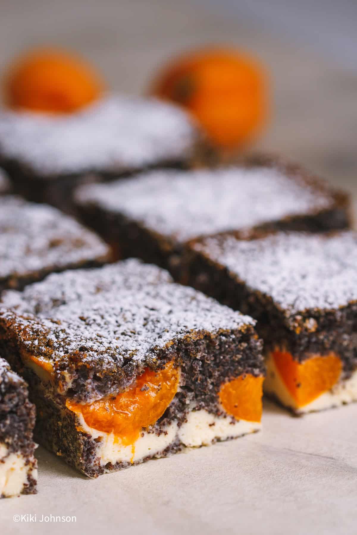 Saftiger Aprikosenkuchen mit Mohn und Quark, in Stücke geschnitten und mit Puderzucker bestäubt. Im Anschnitt sieht man die cremige Quarkschicht und die gebackenen Aprikosen im dunklen Mohnteig.