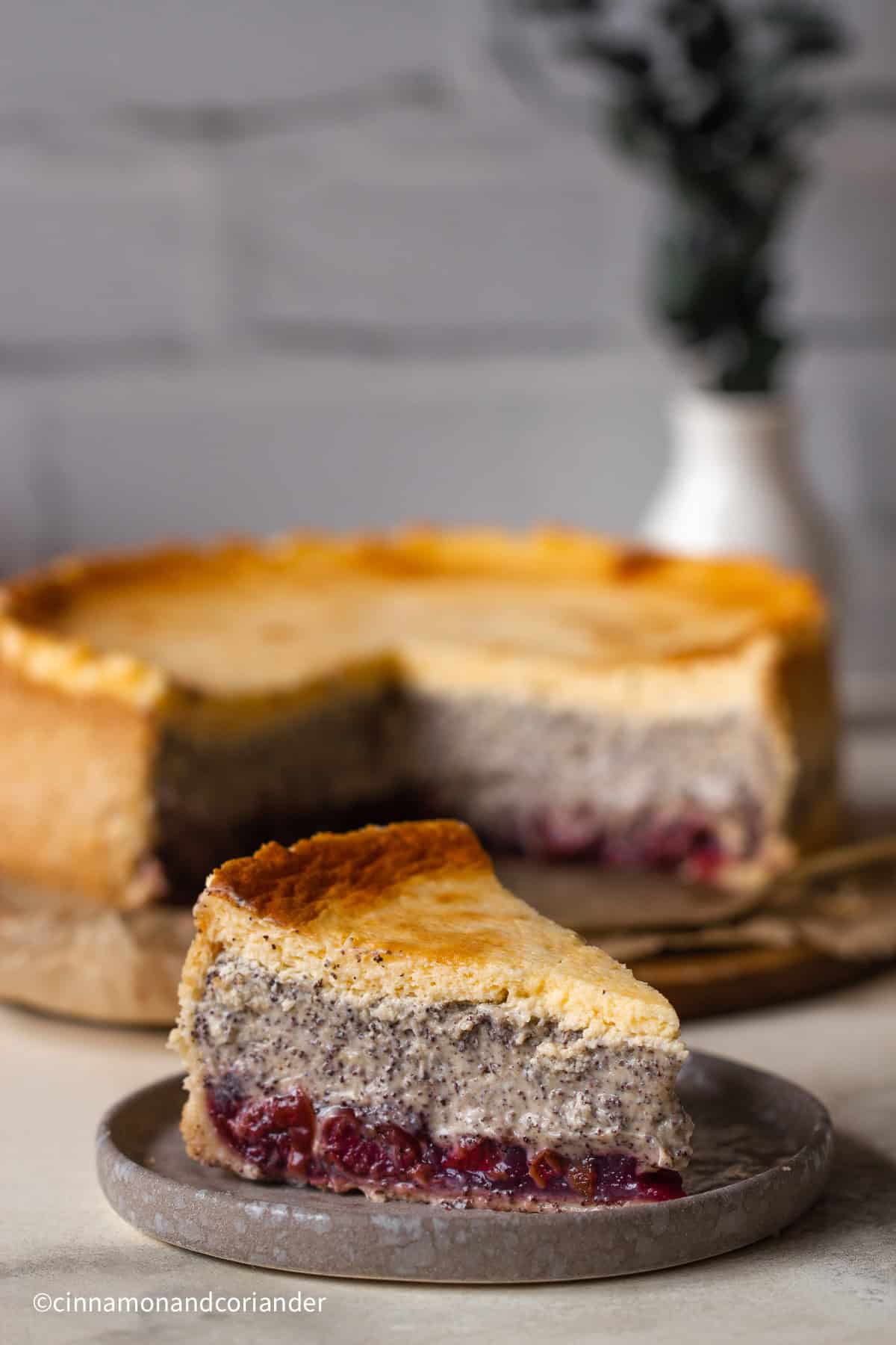 a slice of German Poppy Seed Cake with cherries and sour cream topping on a black dessert plate