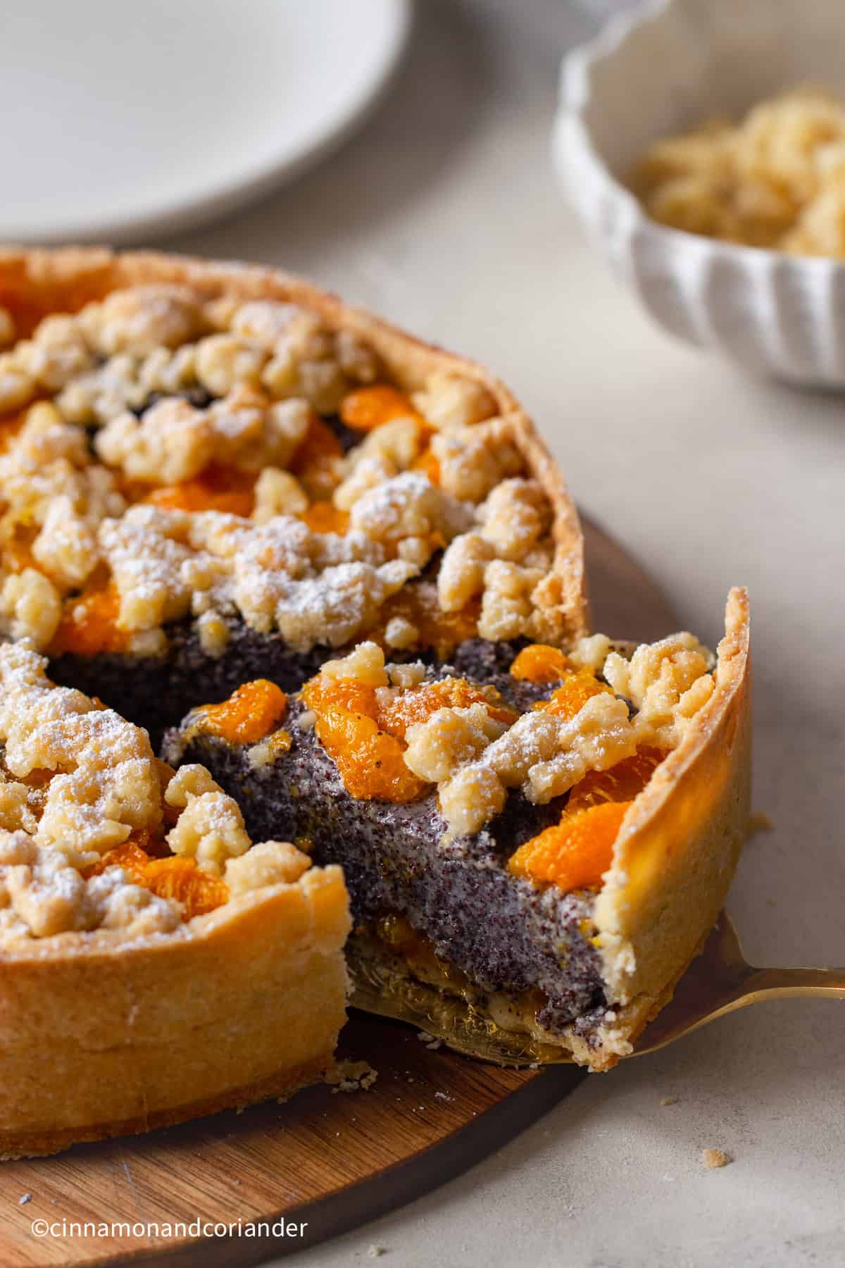 a slice of German poppy seed cake with mandarin oranges and streusel topping