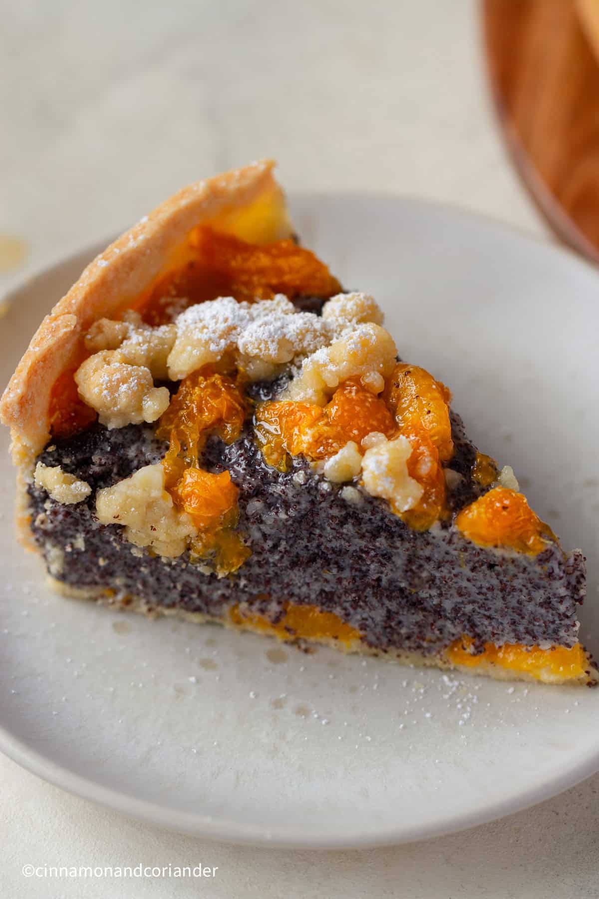 close up of a slice of German poppy seed cake with mandarin oranges and streusel topping on a white dessert plate 