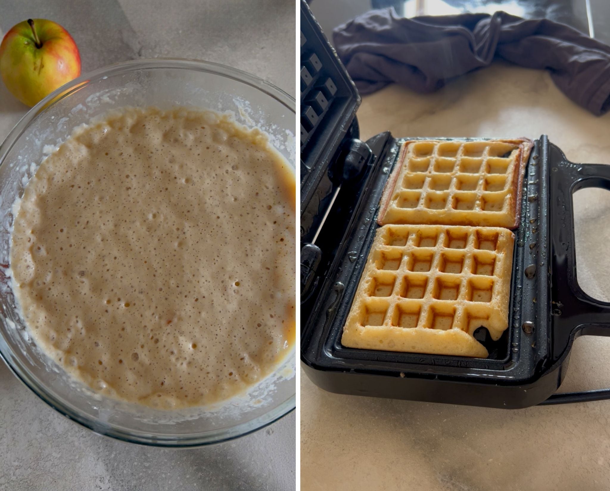 eine Teigschüssel mit Hefeteig und ein Waffeleisen mit frisch gebackenen Hefewaffeln 