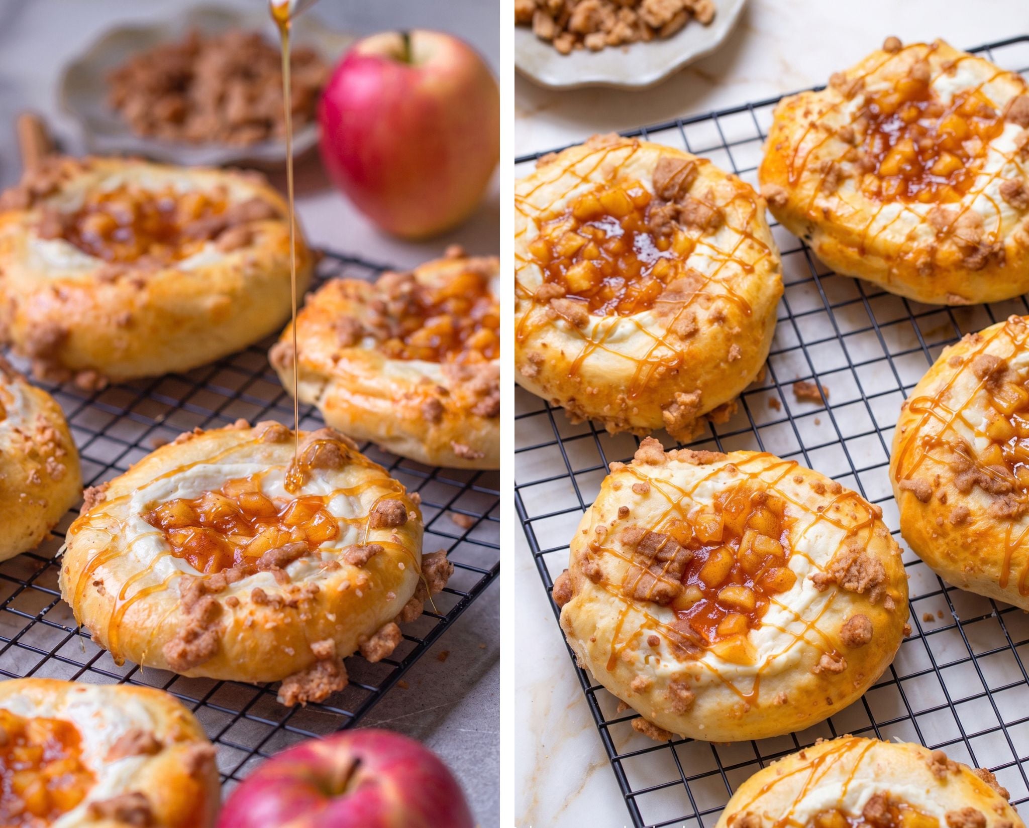 apfel zimt hefeteilchen mit Streuseln auf einem schwarzen Gitter werden mit Karamellsauce beträufelt